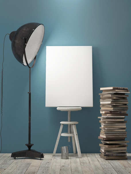 Mock up Poster on blue wall, lamp light, background - Foto, afbeelding