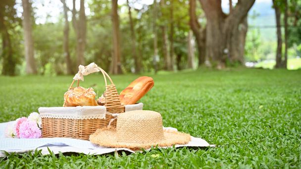 Summer picnic lunch in the beautiful green garden, picnic basket with fruits and pastries, straw picnic hat, flower bouquet on a picnic tablecloth. - Photo, image