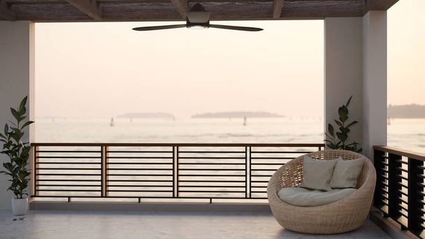 Modern minimal comfortable lounge balcony terrace with beautiful sea ocean view decorated with comfy wicker armchair, ceiling fan, indoor plant and space on marble floor. 3d rendering, 3d illustration - Foto, Imagem