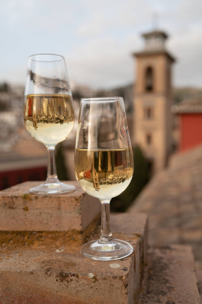 Proeverij van zoete en droge versterkte Vino de Jerez sherry wijn met uitzicht op daken en huizen van de oude Andalusische stad, Zuid-Spanje - Foto, afbeelding