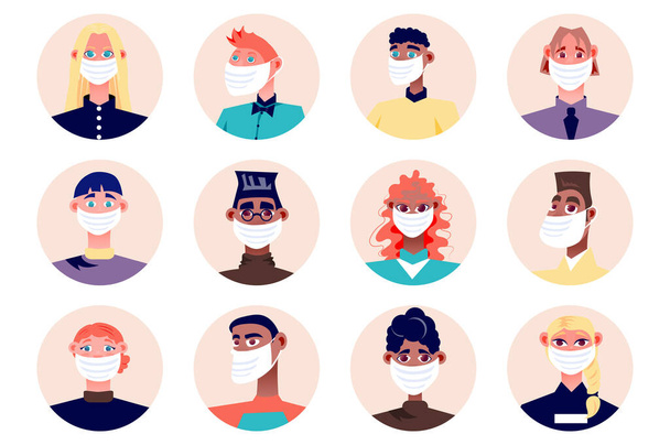 People in medical masks avatars isolated set. Diverse men and women wearing protective masks with different look. Female and male mascots. Vector illustration with characters in flat cartoon design - Διάνυσμα, εικόνα