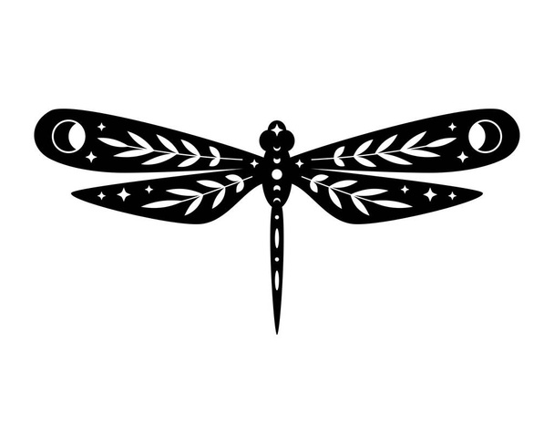 Taivaallinen sudenkorento vektori kuva. Mystinen hyönteinen, jolla on kuun vaiheet. Bohon taikalinocut. Malli moderni juliste, kortti, t paita tulostaa, trendikäs tatuointi. - Vektori, kuva