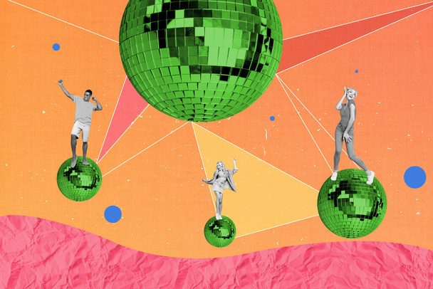 Drawing banner collage of three youngsters dancing active on different disco ball planets isolated colorful background. - Фото, зображення