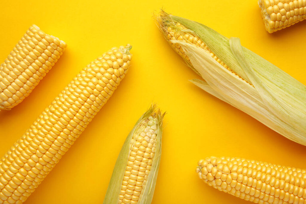 Fresh corn on cobs on yellow background. Space for text - Fotó, kép