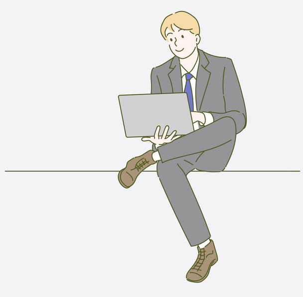 Business man is sitting on chairs and used laptop. Hand drawn in thin line style, vector illustrations. - Vektör, Görsel