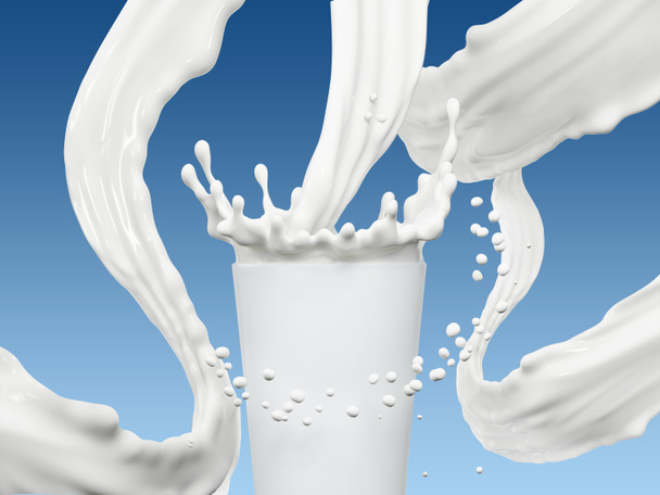 Молочна хвиля або струмінь бризки в склі, заливання сметани або йогурту, молочний абстрактний рідкий фон, ізольовані над синім, 3d рендеринг
 - Фото, зображення