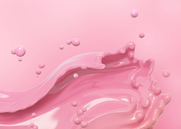 Plusk, fala różowa farba lub płyn, plusk różowy jogurt, abstrakcyjne tło, różowa fala, 3d ilustracja renderowania żywności produktów mlecznych plakat reklamowy - Zdjęcie, obraz