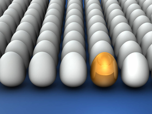 Золоте яйце з великою кількістю вирівняних яєць. Абстрактна концепція, яка представляє майбутній потенціал і перспективність. Можливості та очікування. 3D візуалізація
. - Фото, зображення