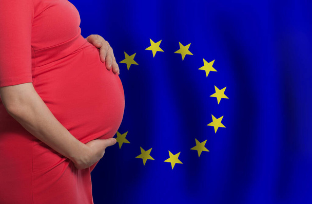 European pregnant woman belly on European Union flag background - Foto, afbeelding