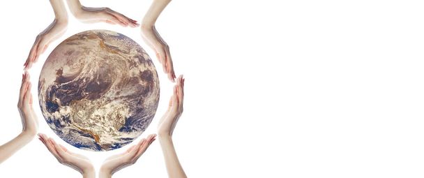 Planet earth in hands isolated on white background - Foto, Imagem
