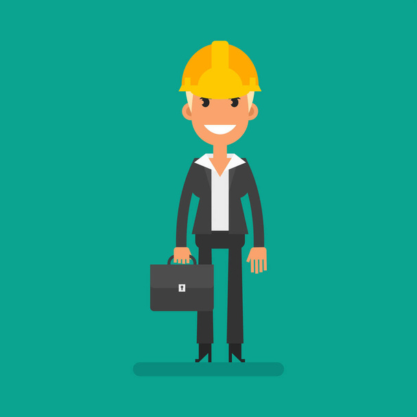 Business woman in hardhat holding briefcase and smiling. Flat people. Vector Illustration - Vector, Image