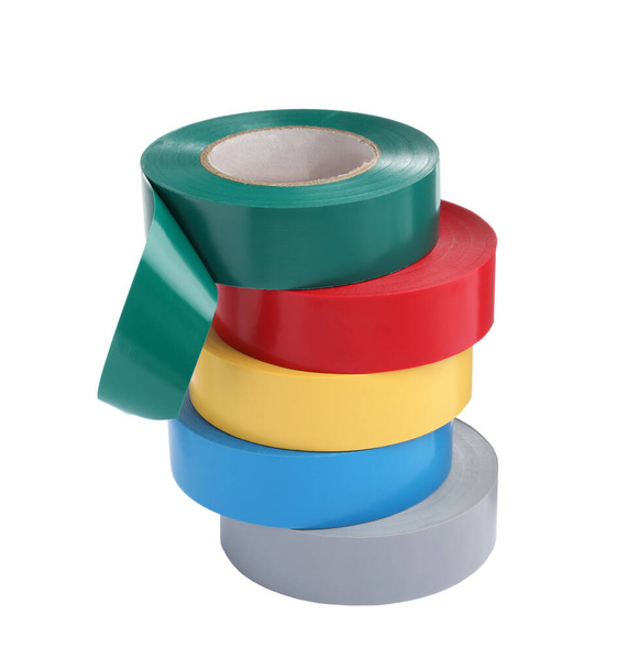 Colorful insulating tapes on white background. Electrician's supplies - Φωτογραφία, εικόνα