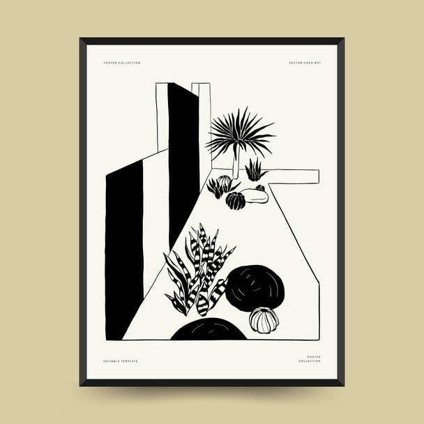 Abstract landscape interior contemporary minimal aesthetic. Hand drawn linear illustrations for wall decoration, postcards or brochures, cover design, stories, social media, app design. - Vetor, Imagem