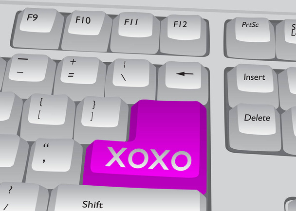 Computertoetsenbord met XOXO-toets, afkorting, knuffels en kussen, informele term voor het uiten van liefde. Close-up van een elektronisch computerapparaatonderdeel, toetsenbord. - Vector, afbeelding