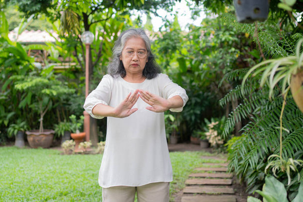 Yaşlı bir Asyalı kadının portresi yoga yapıyor ve bahçede egzersiz yapıyor. Yaşam tarzı uygunluğu ve sağlıklı olma kavramı. Asyalı kadınlar parkta yoga yapıyorlar. Sağlıklı yaşam tarzı - Fotoğraf, Görsel