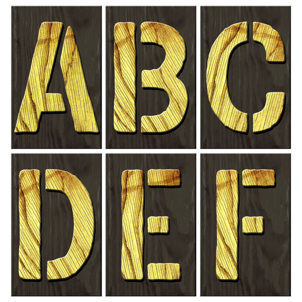 Set, Buchstaben A, B, C, D, E, F. Alphabet aus Buchstaben, aus Holz, auf einer dunklen Holzplanke. Vereinzelt auf weißem Hintergrund. Bildung. Gestaltungselement. - Foto, Bild