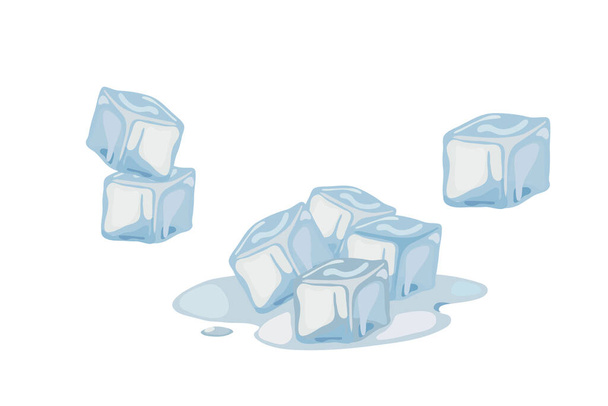 Ледяные кубики и расплавленный кубик льда. Кубики холодной воды для прохладного коктейля. Замороженный аквавекторный изолированный набор иллюстраций - Вектор,изображение