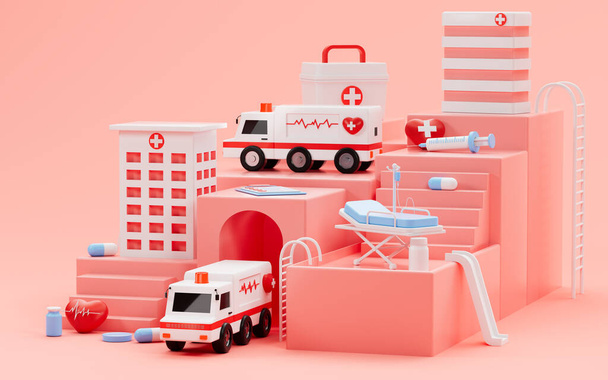 Rettungswagen zogen aus dem rosa Krankenhaus, rosa Krankenhaus Szene und medizinische Geräte, 3D-Rendering. Digitale Computerzeichnung. - Foto, Bild