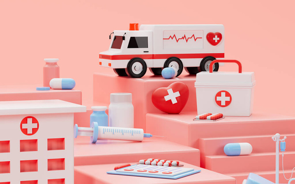 Ambulance and medical equipments with pink hospital scene, 3d rendering. Computer digital drawing. - Fotó, kép