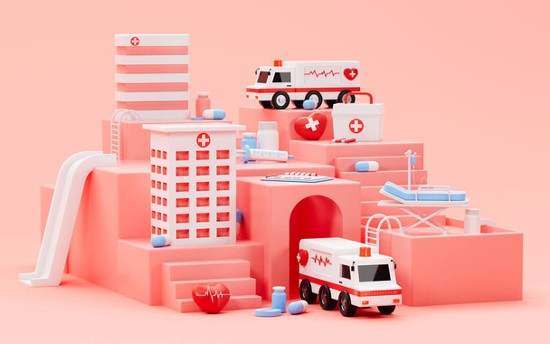 Ambulance pulled out of the pink hospital, pink hospital scene and medical equipment, 3d rendering. Computer digital drawing. - Photo, Image