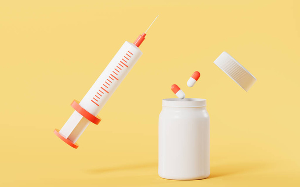 Cartoon style injection syringe and pills fly out of the bottle, 3d rendering. Computer digital drawing. - 写真・画像