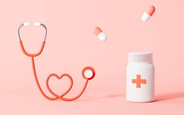 Stethoscope and medicine bottle with pink background, 3d rendering. Computer digital drawing. - 写真・画像