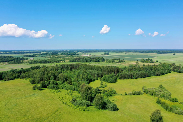 Aerial view of green forests surrounded by green farmland fields - Foto, imagen