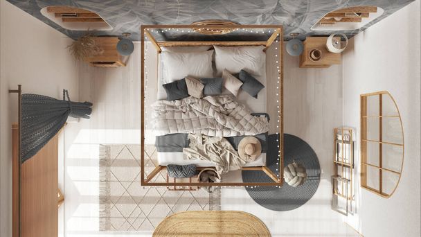 Bohemian bedroom with canopy bed in white and gray tones. Parquet and natural wallpaper. Rattan and wooden furniture. Boho style interior design, top view, plan, above - Φωτογραφία, εικόνα