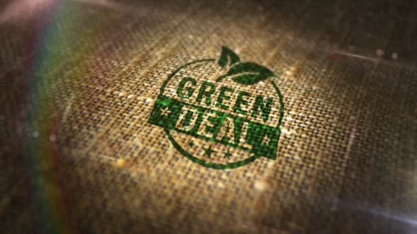 Green Deal sign stamp on natural linen sack. European Fit for 55 and reduce the greenhouse gas emissions 3D rendered design abstract concept. Looped and seamless animation. - Materiał filmowy, wideo