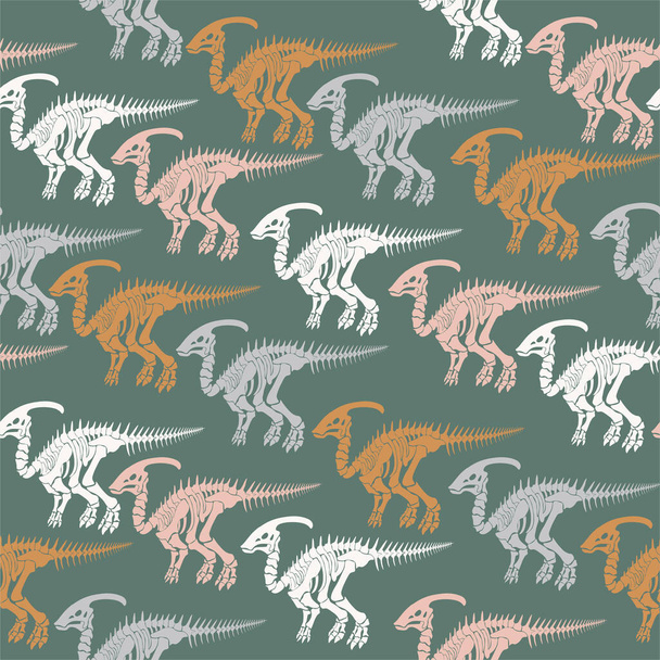 Бесшовный векторный рисунок со скелетом динозавра. Оригинальный дизайн с динозаврами для детей. Печать для футболок, текстиля, оберточной бумаги, паутины. - Вектор,изображение