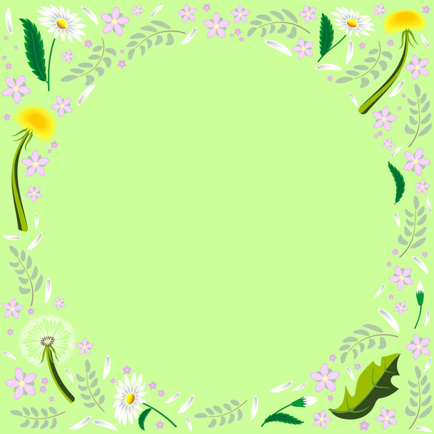 Square frame of different summer flowers on a green background - Vector, afbeelding