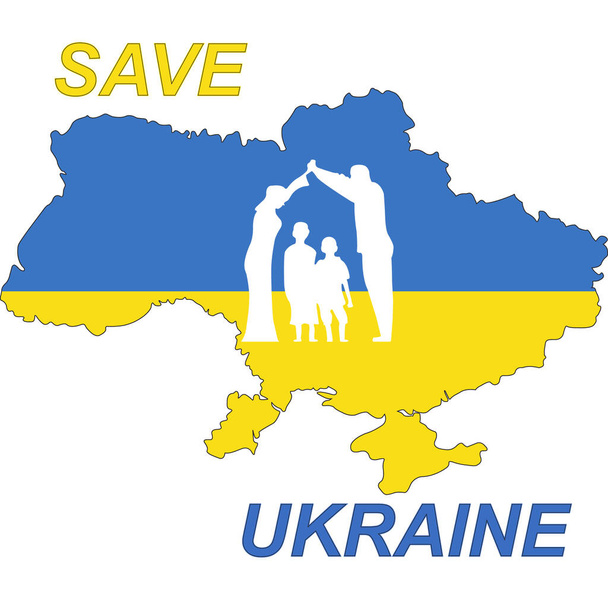 Bayrak Anonim Şirketi 'nin Ukrayna Haritası' na ve aile siluetine Vektör İllüstrasyonu. Ukrayna için kaydet. - Vektör, Görsel