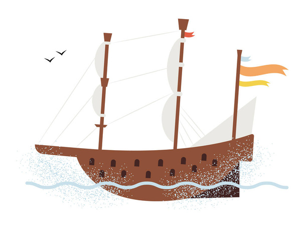 Hand drawn cute old frigate ship with sails, flags and water splashes around. Isolated on white vector illustration in flat style - ベクター画像