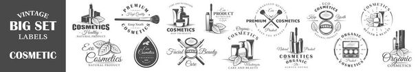 Állítsa be a vintage kozmetikai címkék, logók. Design elemek a grafikai és web design, természetes termékek. Szimbólumok gyűjteménye: krém, palack, csomagoló. Vektoros illusztráció  - Vektor, kép