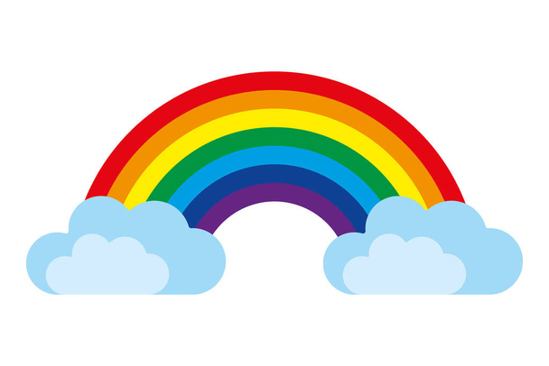 Vector colorful rainbow symbol with blue clouds on white background - Διάνυσμα, εικόνα