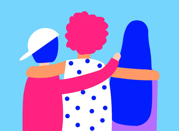 Flat illustration about diverse friendship without boundaries. Back side of teenagers are seen, each of them put hand on each others shoulder. - Vector, Imagen
