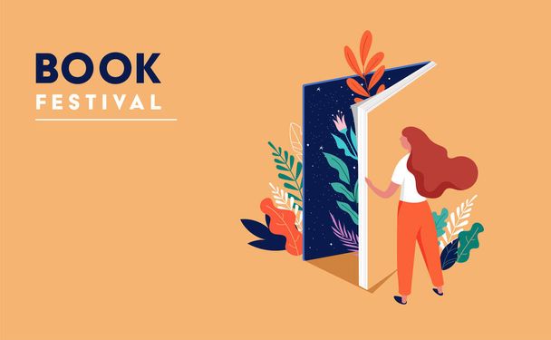 Book festival concept. Young woman opening a huge open book surrounding the many flowers, leaves, plants. Back to school, library concept design. Vector illustration, poster  - Vector, Imagen