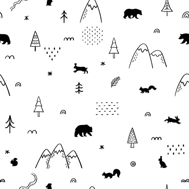 Seamless pattern with wild forest animals. Woodland life. Hand drawn background. Vector illustration - Vettoriali, immagini