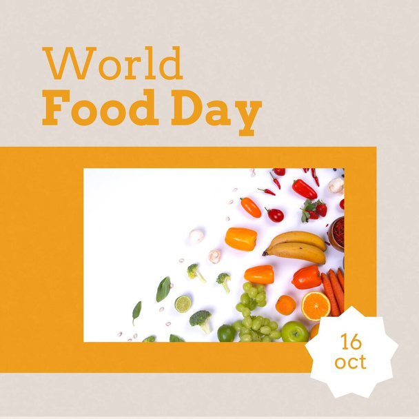 Image of world food day over photo with vegetables and fruits. Food, nutrition, fruits and vegetables and food production concept. - Фото, изображение