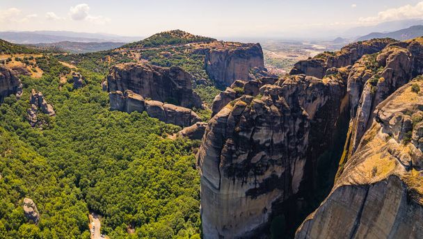 Drone panorama of famous rock formation near the city of Kalambaka. Tourism concept. Meteora in Greece near the town of Kalambaka. High quality photo - Fotografie, Obrázek
