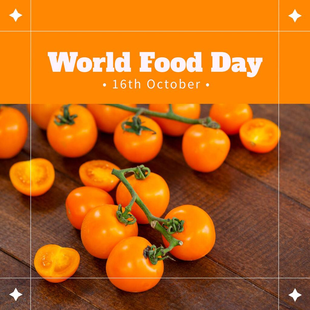 Image of world food day over orange background with tomatoes. Food, nutrition and food production concept. - Photo, Image