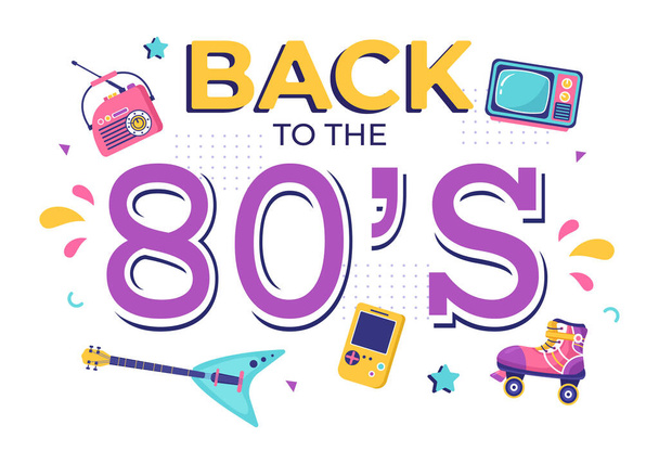 80s Party Cartoon Background Illustration with Retro Music, 1980 Radio Cassette Player and Disco in Old Style Design - Vector, imagen