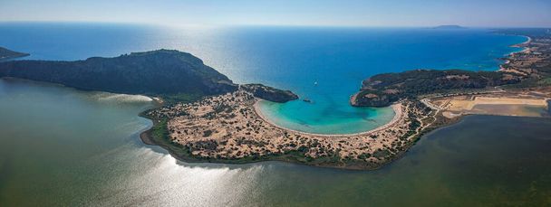 Aerial panorama view of the famous semicircular sandy beach and lagoon of Voidokilia in Messenia, Greece, Europe - Photo, Image