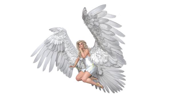 Angel poseert voor je foto 's. Engelbeeldje met vleugels in vliegende houdingen geïsoleerd op witte achtergrond. 3d weergave - illustratie. - Foto, afbeelding