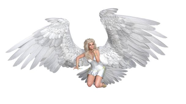 Ангел позирует для твоих фотографий. Ангельская фигурка с крыльями в позах на белом фоне. 3D рендеринг - иллюстрация. - Фото, изображение