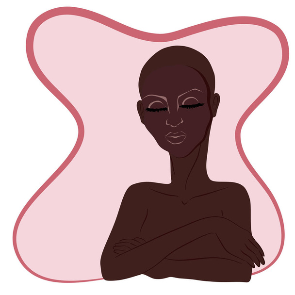 Vector tekening van kale mensen skinhead zwarte huid vrouw met ogen gesloten op roze achtergrond - Vector, afbeelding