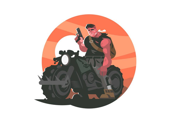 Brutal biker with gun vector illustration. Cruel motorcyclist smoking and holding handgun in hand flat style concept. Man with weapon on bike - Vektör, Görsel