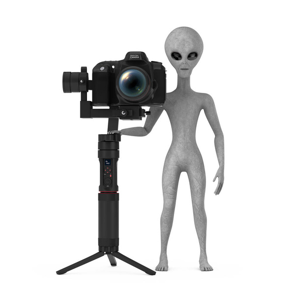 Scary Gray Humanoid Alien Cartoon Character Person Mascot with DSLR or Video Camera Gimbal Stabilization Tripod System on a white background. 3d Rendering - Foto, Imagem