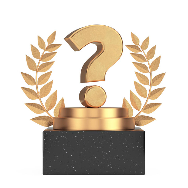 Winner Award Cube Gold Laurel Wreath Podium, Stage or Pedestal with Golden Question Mark on a white background. 3d Rendering - Foto, afbeelding