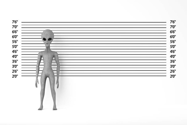 Scary Gray Humanoid Alien Cartoon Character Person Mascot  in front of Police Lineup or Mugshot Background extreme closeup. 3d Rendering - Foto, imagen